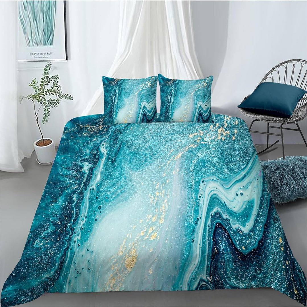 HOMHOMHA Marmor Bettwäsche 200x200 3D-Druck Bettwäsche-Set Blauer Marmor Bettbezug 200x200cm und 2 K