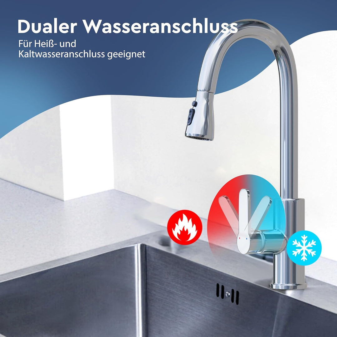 Küchenarmatur – 360° Wasserhahn Küche mit ausziehbarer Brause, Edelstahl Spültischarmatur Hochdruck,