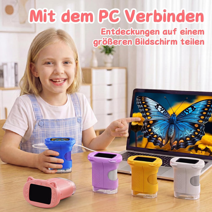 Tragbares Mikroskop für Kinder, 1000x Digitales Handmikroskop Kinder mit 2,4 Zoll IPS Bildschirm, Fo