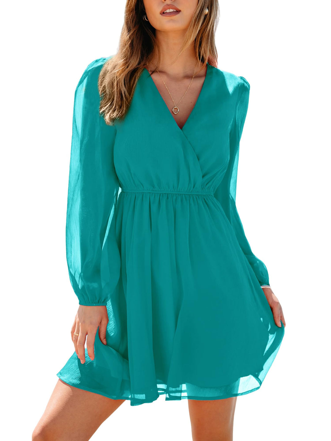 CUPSHE Damen Kleid V Ausschnitt Wickeloptik Transparente Lange Ärmel Blumenmuster Freizeitkleider Wr