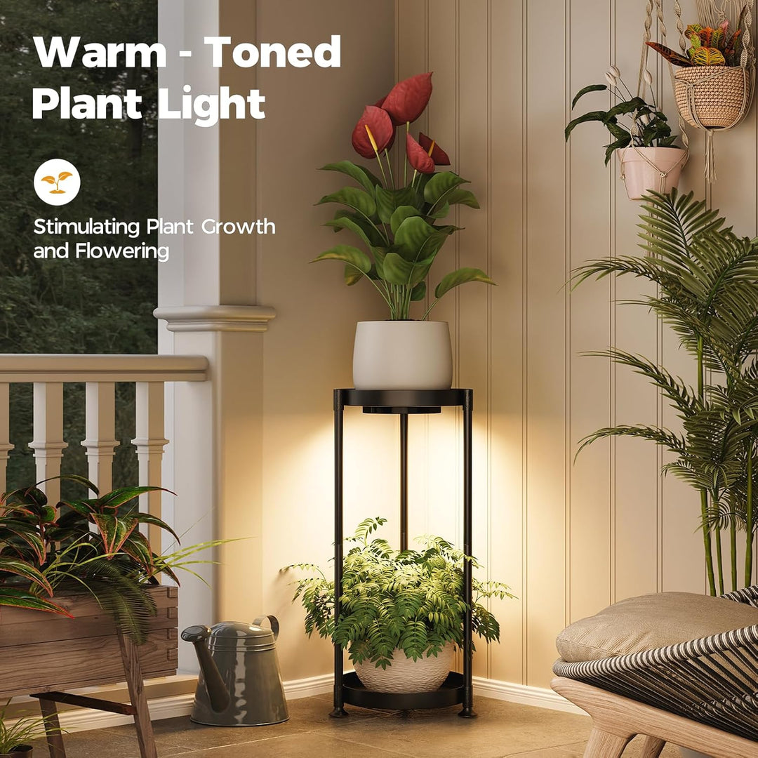 Bamworld Pflanzenständer Metall Schwarz mit LED-Wachstumslicht, 2 Ebenen Blumenhocker Modern, Indoor