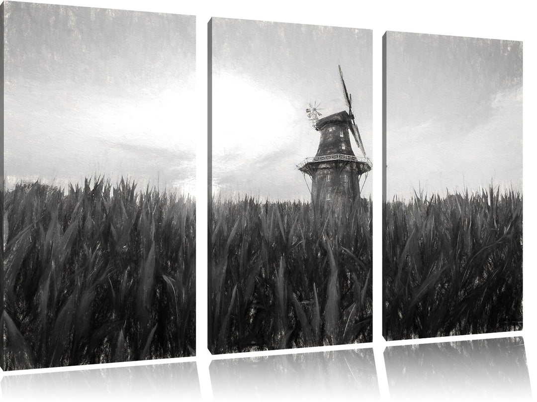 Pixxprint schöne Windmühle auf dem Feld Kunst Kohle Effekt 3-Teiler Leinwandbild 120x80 Bild auf Lei