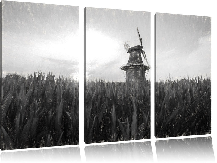 Pixxprint schöne Windmühle auf dem Feld Kunst Kohle Effekt 3-Teiler Leinwandbild 120x80 Bild auf Lei