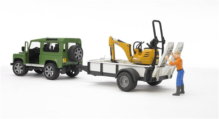 Bruder 2593 Land Rover Defender with One Axle Trailer, JCB Micro Excavator and Worker