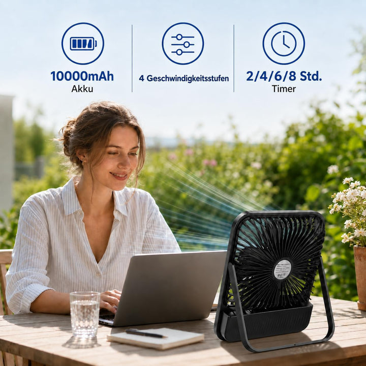 Akku Ventilator, 7 Zoll, 10000mAh, 4 Geschwindigkeiten | Ultraflach, leise und tragbar, mit Display,