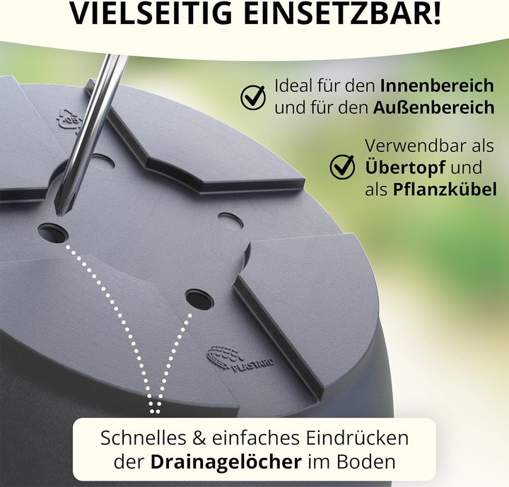Plastard Blumentöpfe 5er Set 30 cm Durchmesser Anthrazit runder Pflanzkübel mit Untersetzer aus Kuns