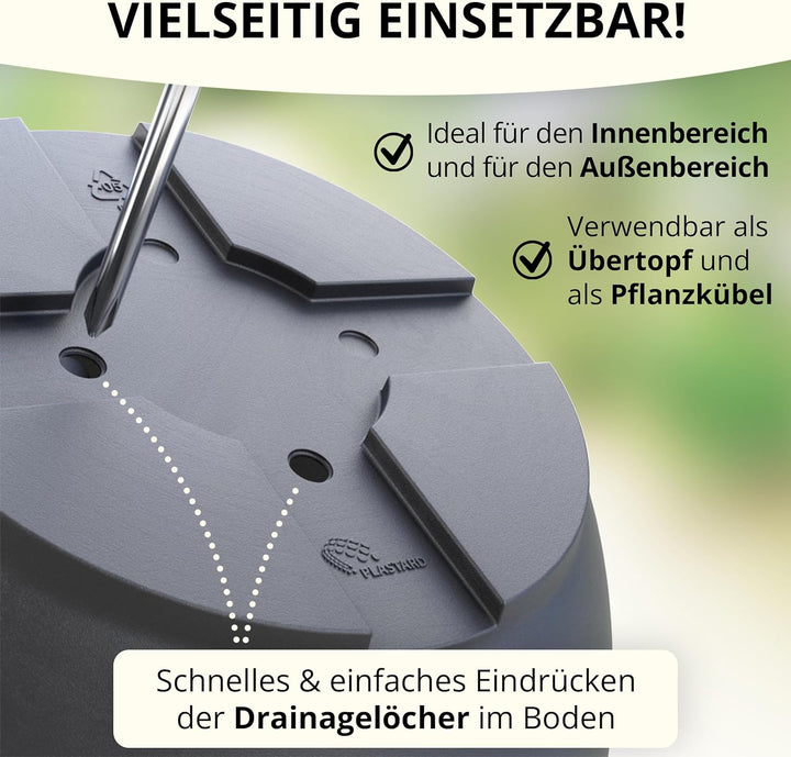 10er Set Blumentöpfe mit Untersetzer 24 cm Durchmesser Anthrazit runder Pflanzkübel aus Kunststoff g