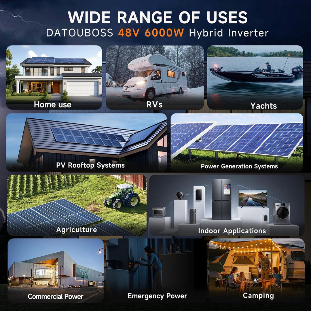 DATOUBOSS 6000W Hybrid Solar Wechselrichter 48V, Reiner Sinus Inverter mit 120A MPPT, IP54 Staub- &