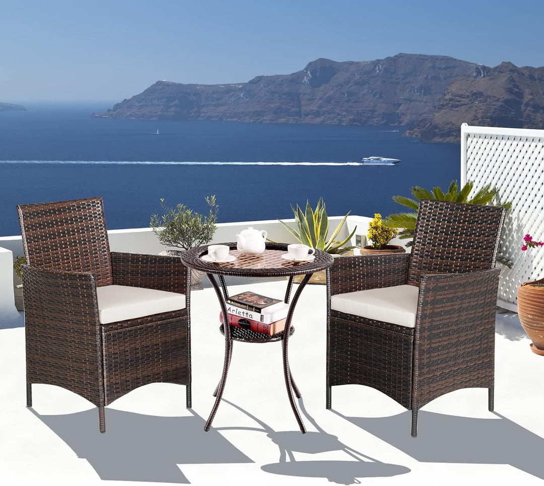 GIANTEX Rattan Bistrotisch Gartentisch, Balkontisch rund Couchtisch 2 Ebenen, Glastisch Terrassentis