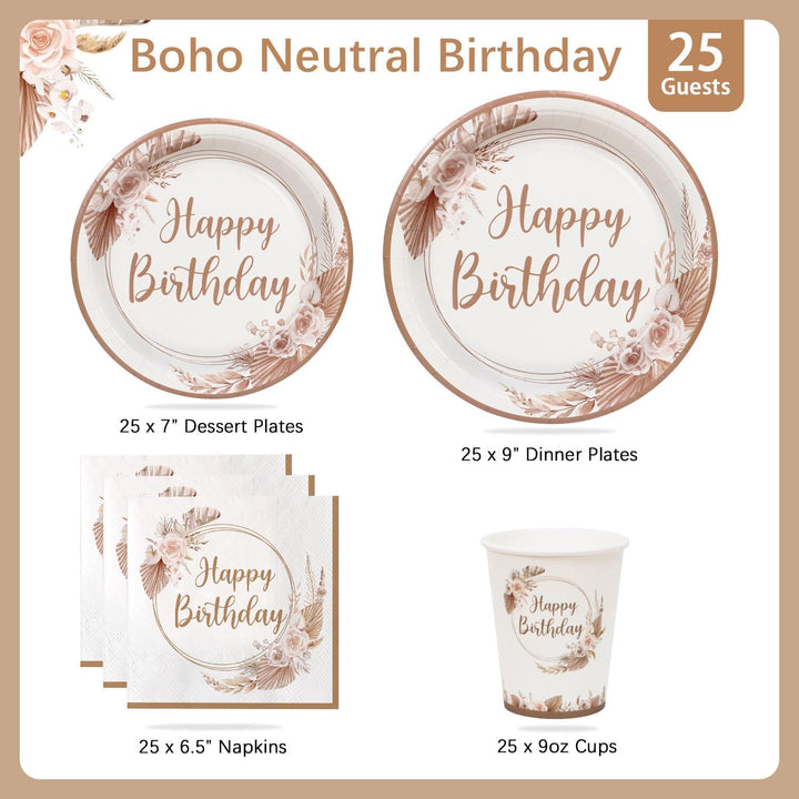 Partygeschirr Set Geburtstag für 25 Gäste, 125pcs Bohème-Stil Wiederverwendbare Partygeschirr Set Ge