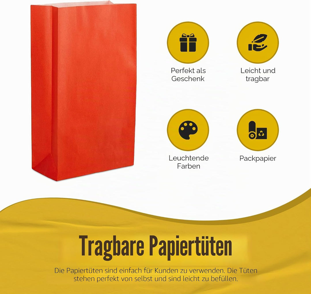 Thepaperbagstore 50 Rote Partytüten aus Papier – 14x24.5x7cm - Bunte Geschenktüten aus Papier für Ki