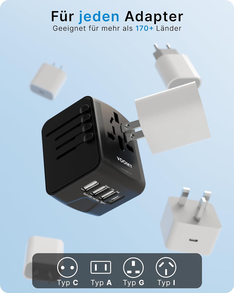 VOOMY Reiseadapter Weltweit, Universal Reisestecker mit 3USB, 1USB, 1AC Steckdose, Reiseadapter Euro