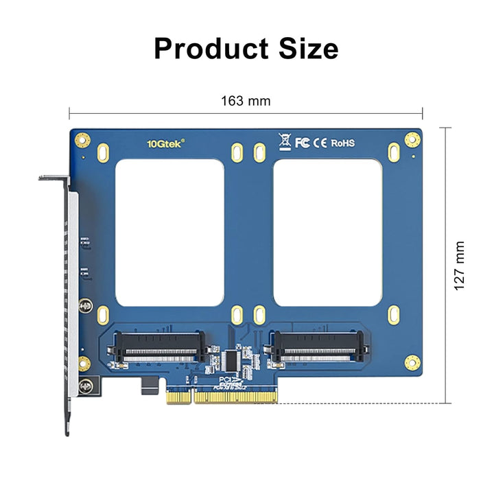 10Gtek PCIe 3.0 to (2) U.2 SFF-8639 Adapter, X8, for 2.5’’ U.2 NVMe SSD or 2.5" SATA SSD PCIe X8 to