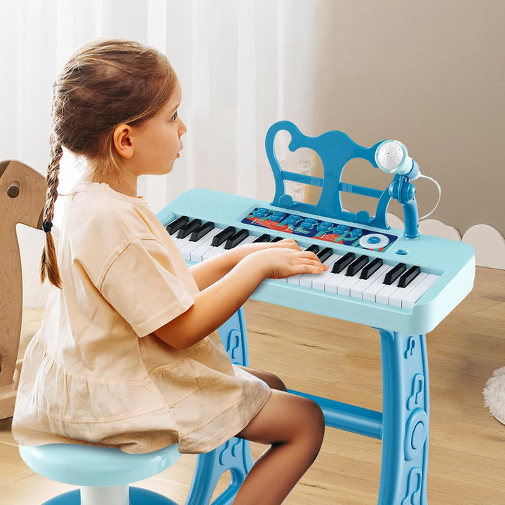 COSTWAY 37 Tasten Kinder Keyboard, Kinderklavier elektronisch mit Hocker, Mikrofon & Notenständer, K