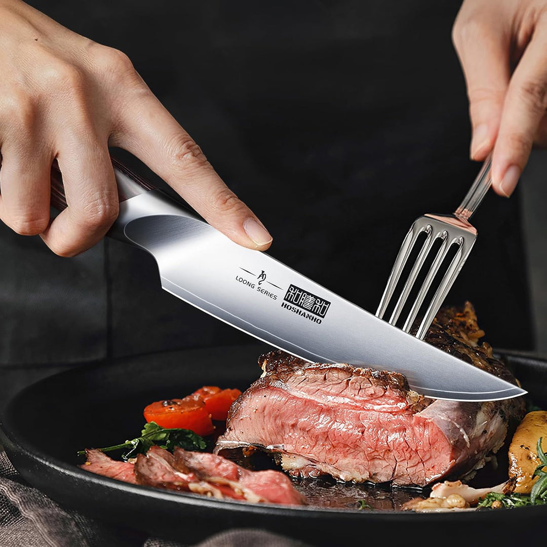 HOSHANHO Steakmesser 6-Teilig Set, Scharfe Ungezahnte Küchen Steakbesteck | Hochkohlenstoffhaltiger