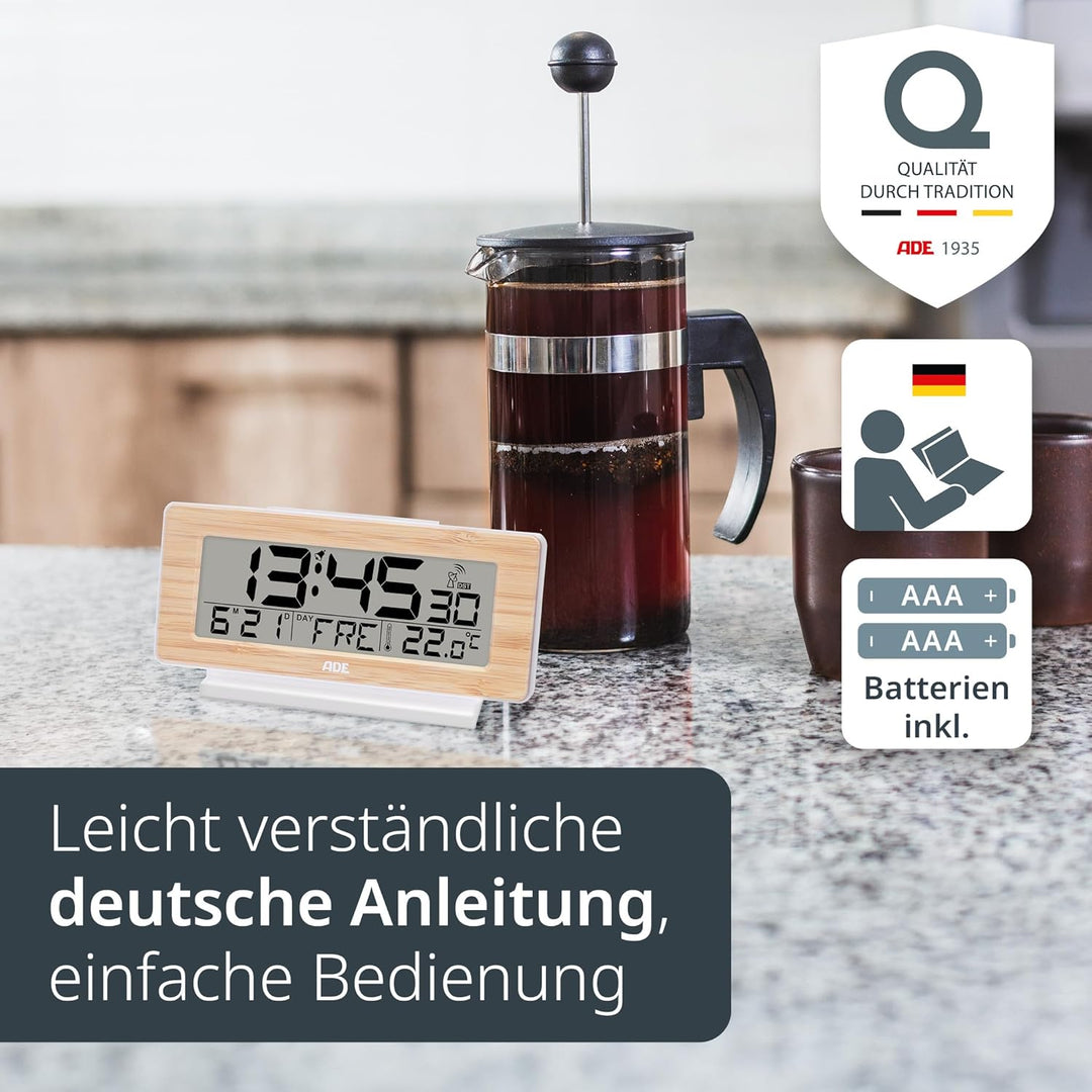 ADE Funkwecker digital mit Batterie | Tischuhr mit Temperaturanzeige und Kalender | Gehäusefront aus
