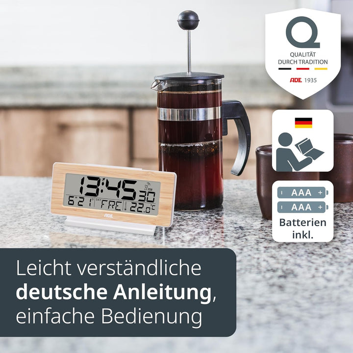 ADE Funkwecker digital mit Batterie | Tischuhr mit Temperaturanzeige und Kalender | Gehäusefront aus