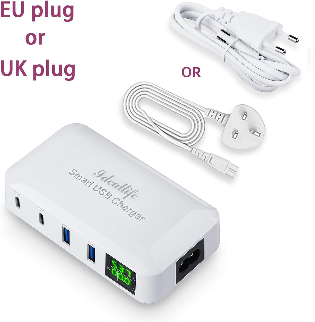 ideallife Superschnelles USB Ladegerät, 70W 12A 4-Port USB Ladestation 20W PD Ladegerät und QC3.0 Mu