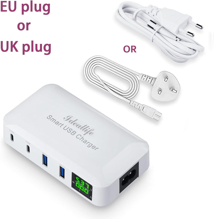 ideallife Superschnelles USB Ladegerät, 70W 12A 4-Port USB Ladestation 20W PD Ladegerät und QC3.0 Mu