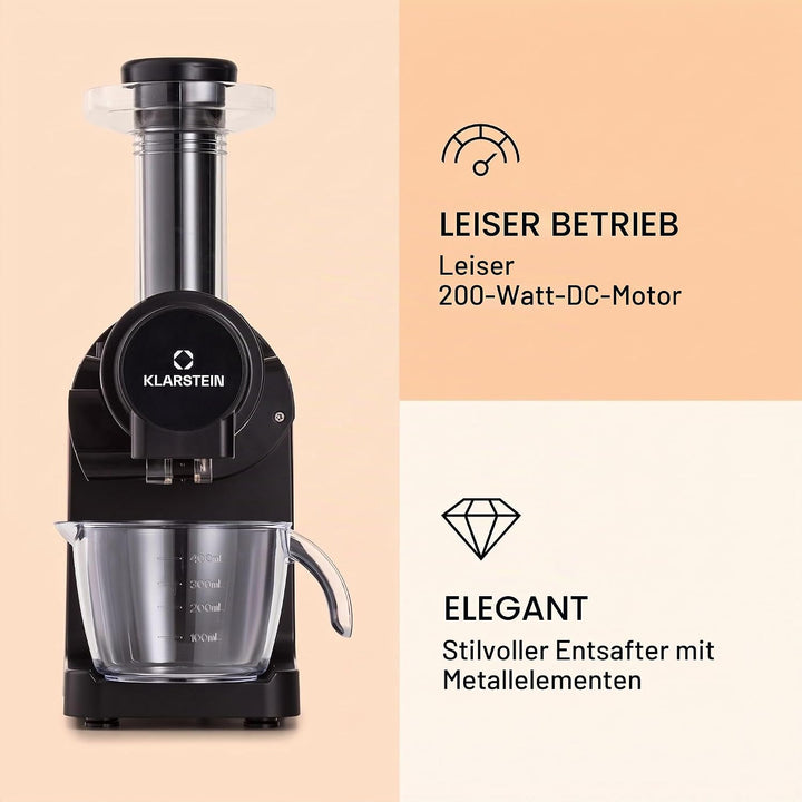 Klarstein Bella Elegance Saftpresse 200 W, Entsafter mit 400 ml, BPA-frei, rutschfester Standfuss, m