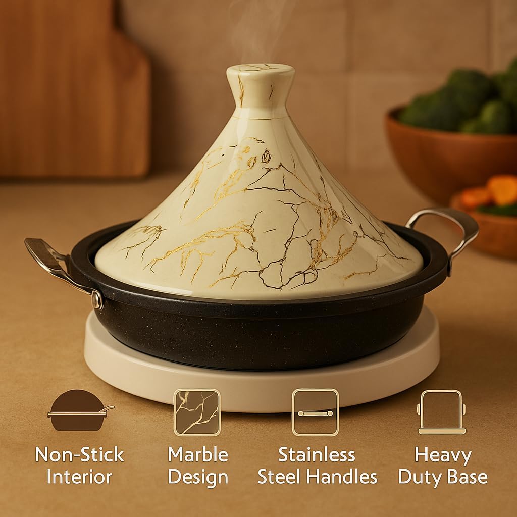 Royal Swiss Tajine 34 cm – Edelstahl mit Keramikdeckel & Dampfventil, Induktion & Alle Herdarten, En