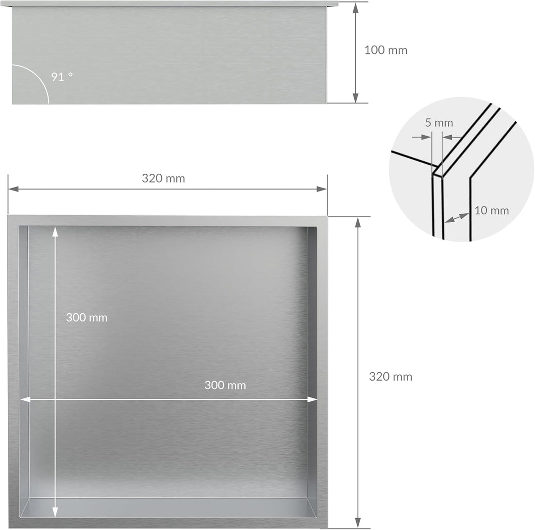 LuxeBath Wandnische aus Edelstahl, 30x30x10 cm, Silber, Duschnische mit Rahmen, Einbauregal, Flexibl