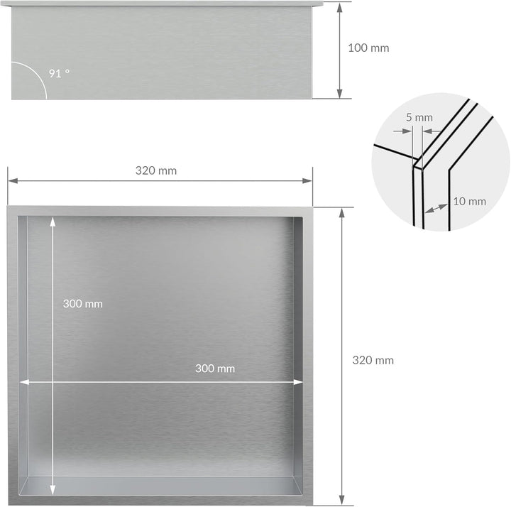 LuxeBath Wandnische aus Edelstahl, 30x30x10 cm, Silber, Duschnische mit Rahmen, Einbauregal, Flexibl