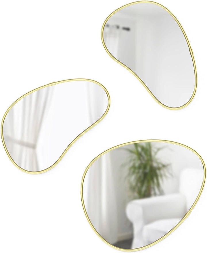 Umbra Hubba Pebble Wandspiegel Set, Moderne Design Spiegel mit Organischer Form, 3er-Set, Messing Me
