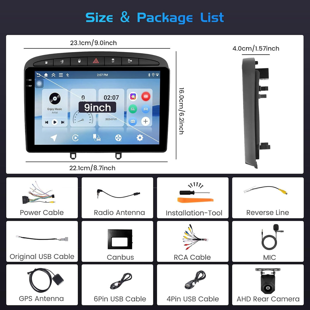 Inefala 4+128G Android 15 Autoradio für Peugeot 408/308/308SW 2007-2013 mit 9&