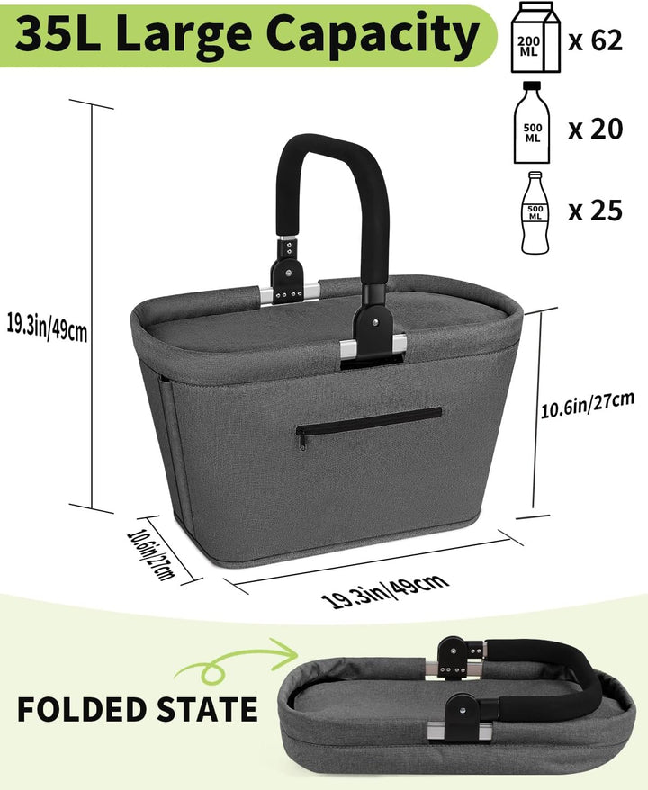 35L Kühltasche Einkaufskorb Faltbar mit 2 Stützstangen, Grosse Isolierte Kühlkorb mit Aluminium Grif