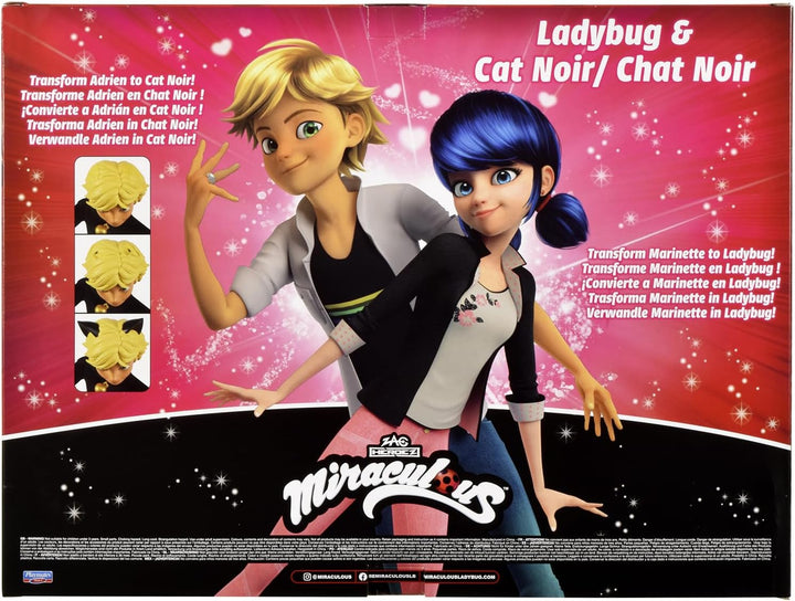 BANDAI – Miraculous – 2er-Pack Marinette und Adrien Puppen mit 2 Outfits (Ladybug & Cat Noir), Zubeh