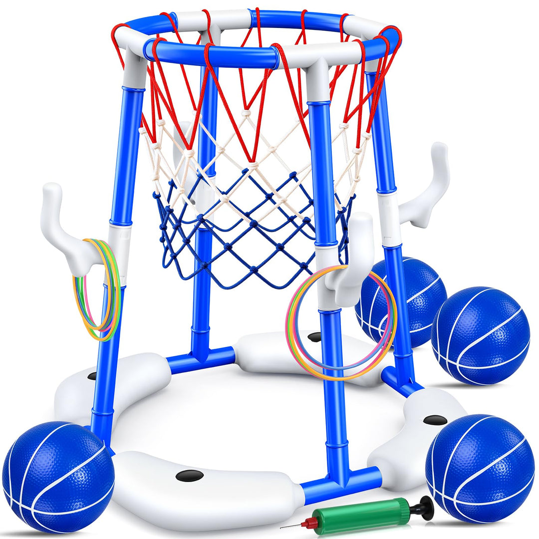 HaoVrisn Pool Basketballkorb Kinder Set, 2-in-1 Pool Spielzeug mit Ringwurf Spiel- 4 Bälle, 12 Ringe
