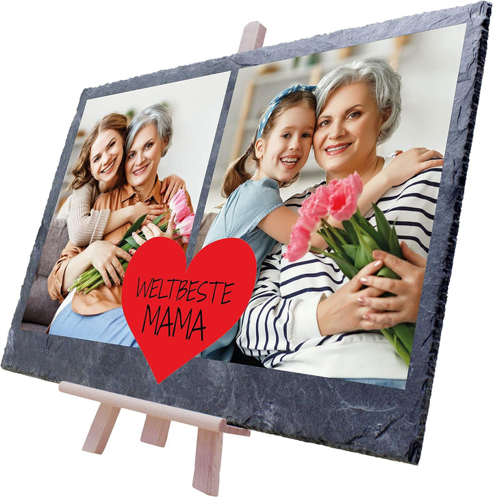 wandmotiv24 Schiefertafel Beste Mama, Personalisiert mit Ihren Farbfotos, Aufstellschild 2 Bilder in