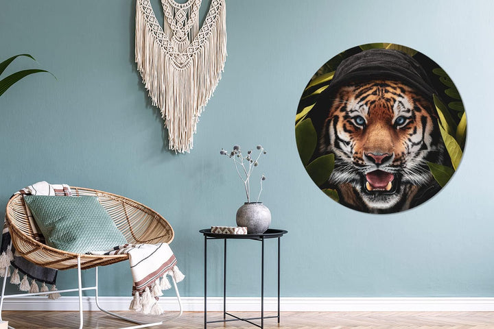 MuchoWow Wandbild Rund Wanddeko Deko Wohnzimmer Bilder 90x90 cm Tiger - Dschungel - Blätter, 90x90 c