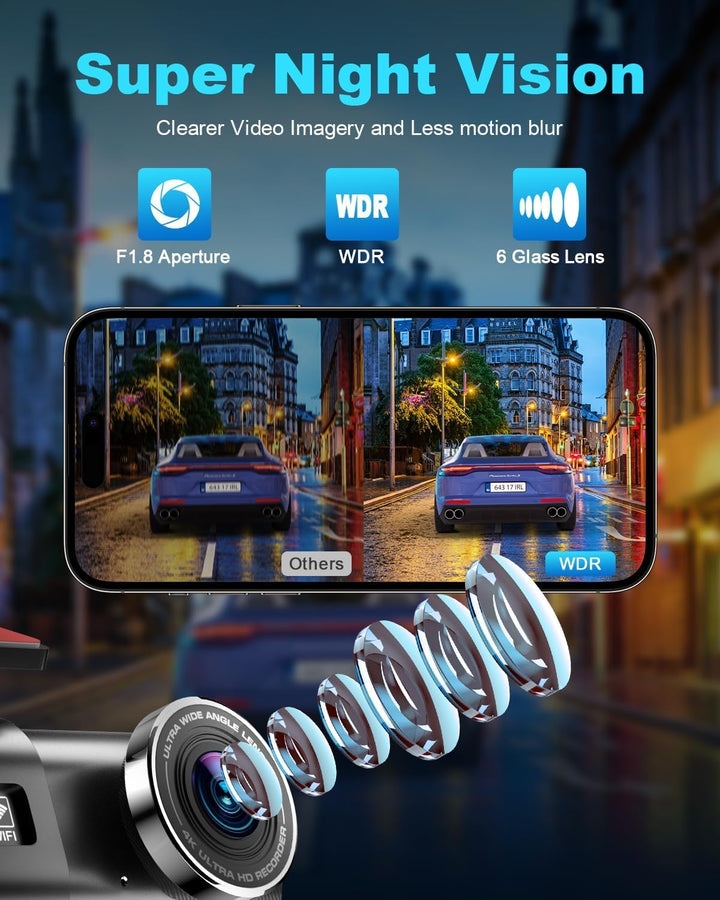 4K WiFi Dashcam Auto Vorne,App-Steuerung Auto Dashcam mit 64G SD-Karte und Abnehmbare Halterung,1.47