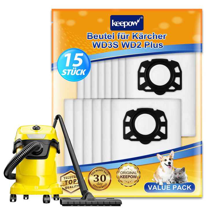 KEEPOW 15 Pack, Staubsaugerbeutel für kärcher nass trockensauger WD 2 Plus, WD 3, WD 3 Akku, Vlies S