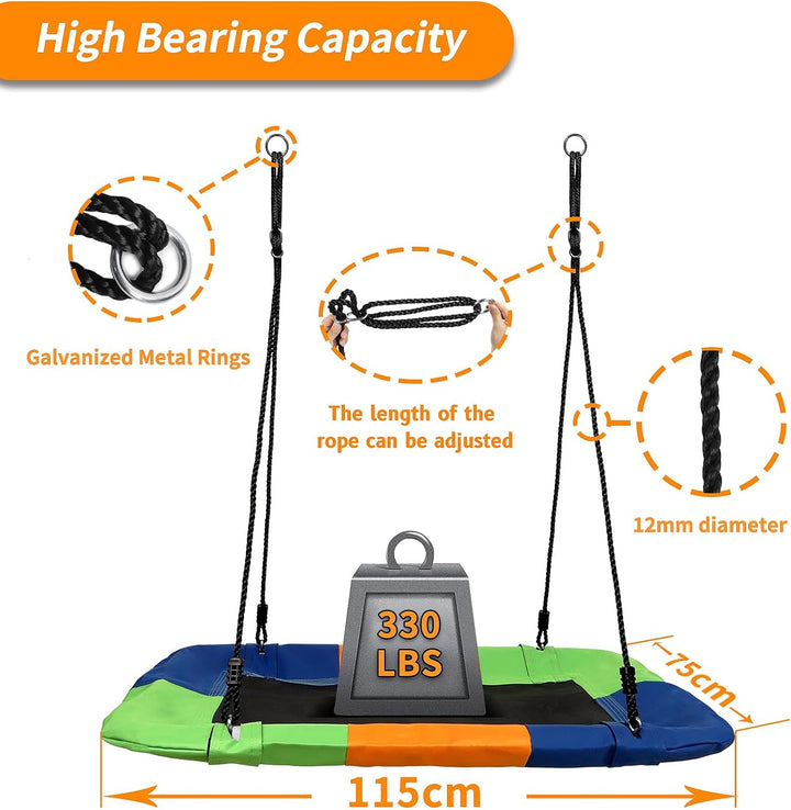 Dripex Nestschaukel Tellerschaukel Square 115 cm x 75 cm Kinderschaukel bis 200 KG Baumschaukel Vers