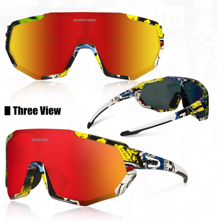 Queshark Sportbrillen Fahrrad Brillen Damen Herren Polarisierte UV400 Schutz mit 5 Wechselgläser Rad