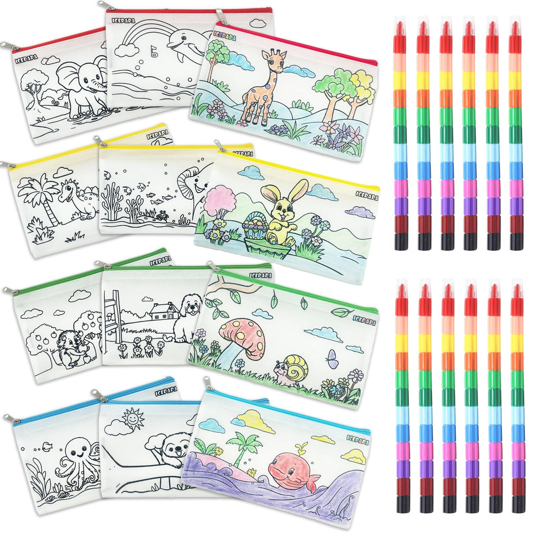 ICEPAPA, 12 Federmäppchen zum Bemalen für Kinder und 12 Wachsmalstifte Stapelbar (12 Farben in 1), P