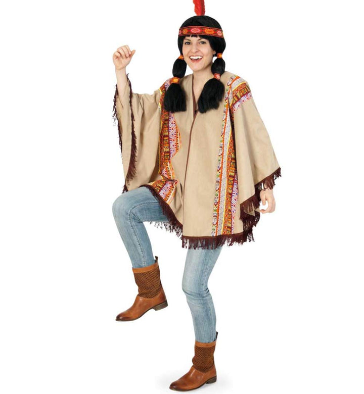 KarnevalsTeufel Erwachsenenkostüm Western Poncho in beige mit gemusterter Borte und braunen Fransen