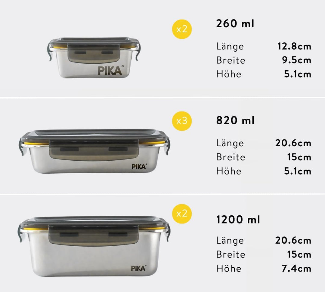 PIKA - 7 Lebensmittelbehälter aus Edelstahl – 3 x 820 ml + 2 x 1200 ml + 2 x 260 ml – luftdicht, gee
