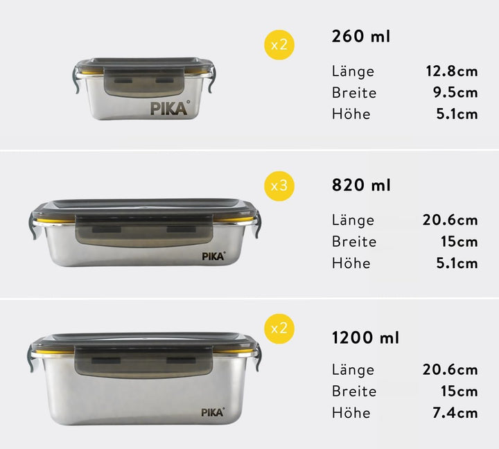PIKA - 7 Lebensmittelbehälter aus Edelstahl – 3 x 820 ml + 2 x 1200 ml + 2 x 260 ml – luftdicht, gee