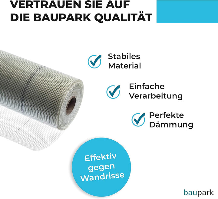 Baupark24 - Armierungsgewebe Innen &amp; Aussen 1m x 50m - Flächengewicht 165 g/m² - Putzgewebe Weiss -