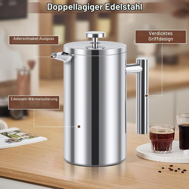 Kaffeebereiter French Press Edelstahl, 1000ml French Press, Doppelwandig Isoliert Kaffeepresse, Kaff