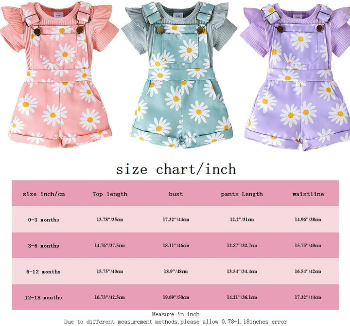 Neugeborenes Mädchen Kleidung Gänseblümchen-Aufdruck Gerüschtes Oberteil mit Hosenträgerhose und Tas