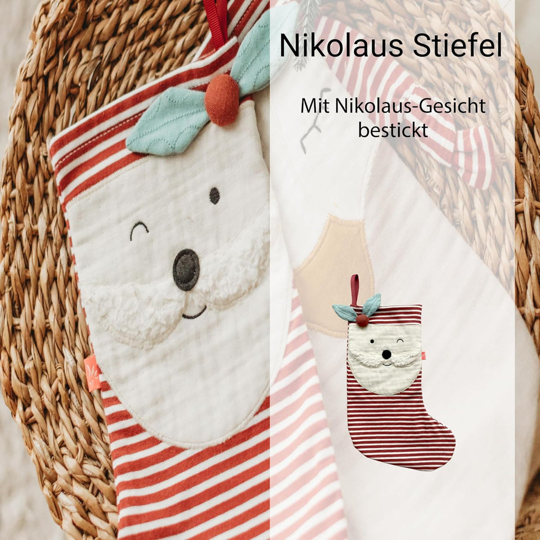kikadu Nikolausstiefel - Aus 100% GOTS zertifierter Bio-Baumwolle, mit besticktem Nikolausgesicht, z