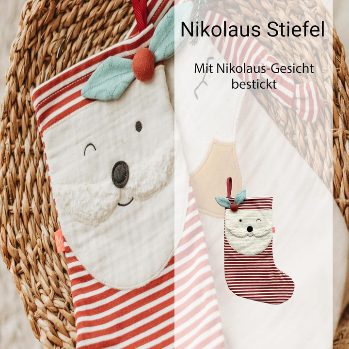 kikadu Nikolausstiefel - Aus 100% GOTS zertifierter Bio-Baumwolle, mit besticktem Nikolausgesicht, z