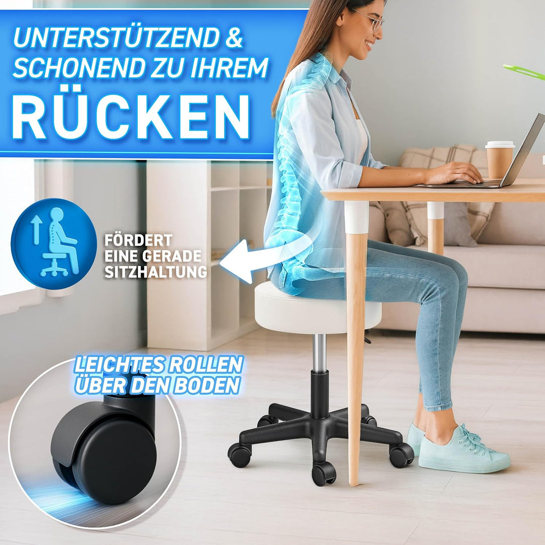TRESKO® Rollhocker höhenverstellbar 10 cm Dicke Polsterung bis 150 kg | Hocker 47-60cm | Arbeitshock