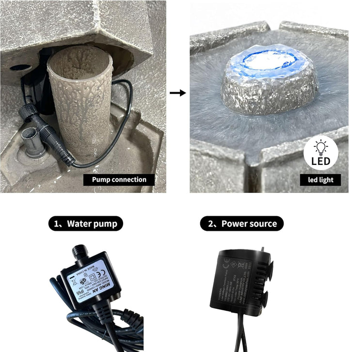 Köhko® Hexagon Eleganz Gartenbrunnen mit LED Beleuchtung, Wasserfall, Vogeltränke, Gartendeko, Sprin