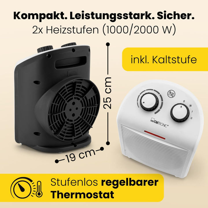 Clatronic® mobiler & kompakter Heizlüfter | Heizlüfter 2000W & 1000W | Heizkörper mit Ventilatorfunk